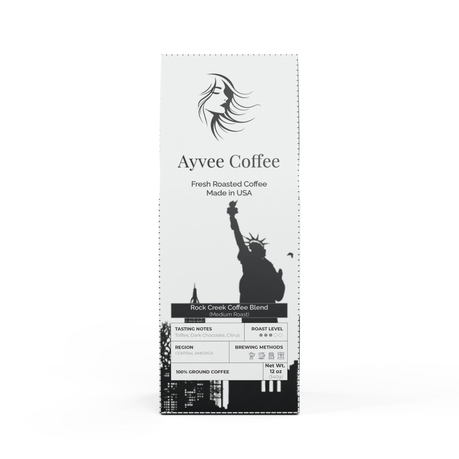 Front view of packaging (ground) : Rock Creek Coffee Blend (Medium Roast)