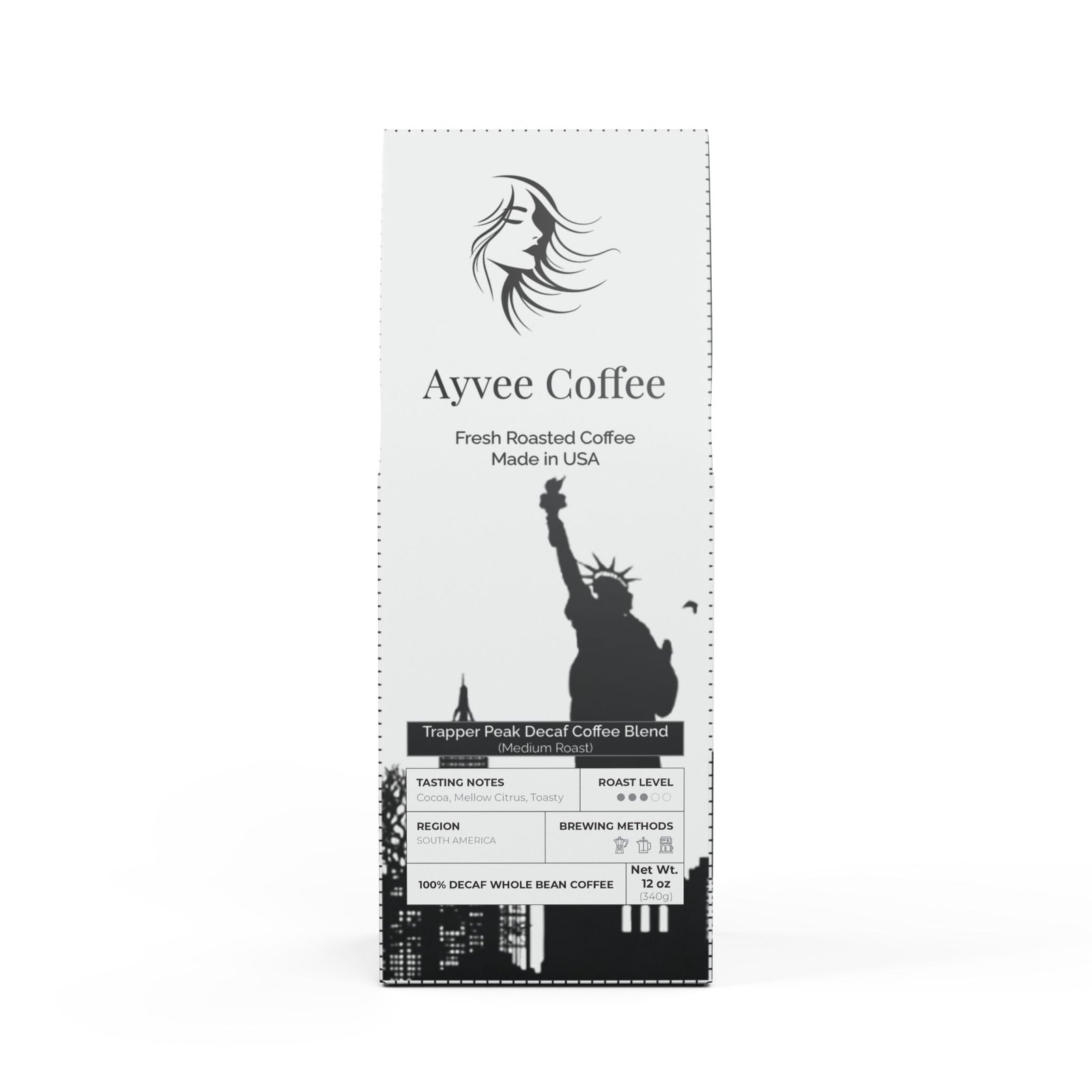 Front view of packaging (whole bean) : Trapper Peak Decaf Coffee Blend (Medium Roast)