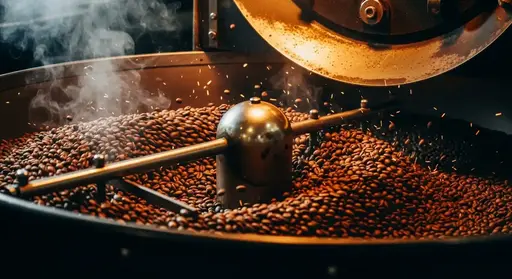 A close-up, dark and moody shot of coffee beans being actively roasted inside a large, professional coffee roasting machine drum.