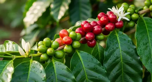 A close-up of a coffee plant branch with green and red coffee cherries among dark green leaves.