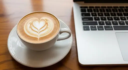 A close-up of a latte with heart art on a saucer next to a laptop on a wooden table.
