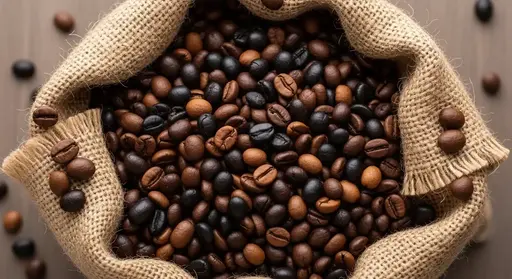 Top-down shot of dark roasted coffee beans mixed with lighter ones inside an open burlap sack.