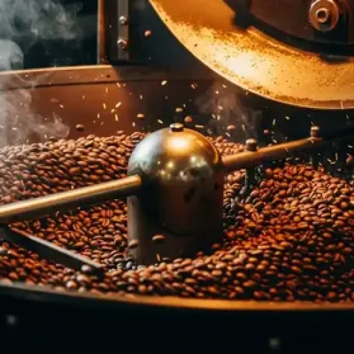 A close-up, dark and moody shot of coffee beans being actively roasted inside a large, professional coffee roasting machine drum.