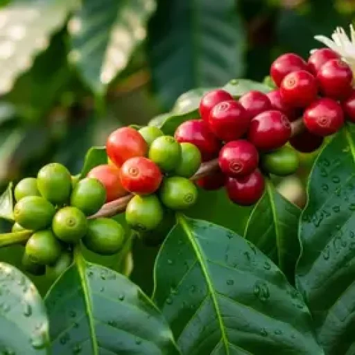 A close-up of a coffee plant branch with green and red coffee cherries among dark green leaves.