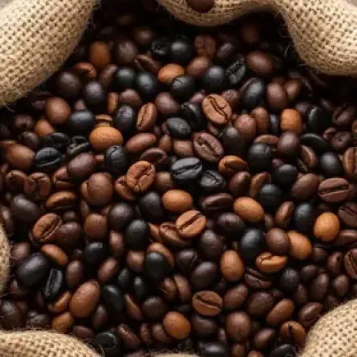 Top-down shot of dark roasted coffee beans mixed with lighter ones inside an open burlap sack.